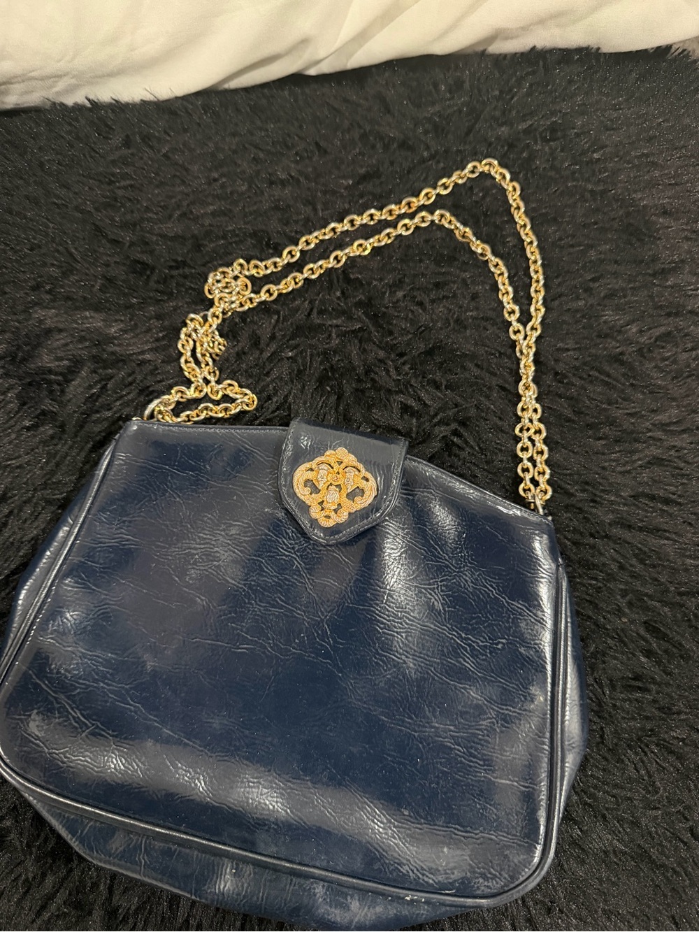 Vintage Gold-Chain Navy Shoulder Bag